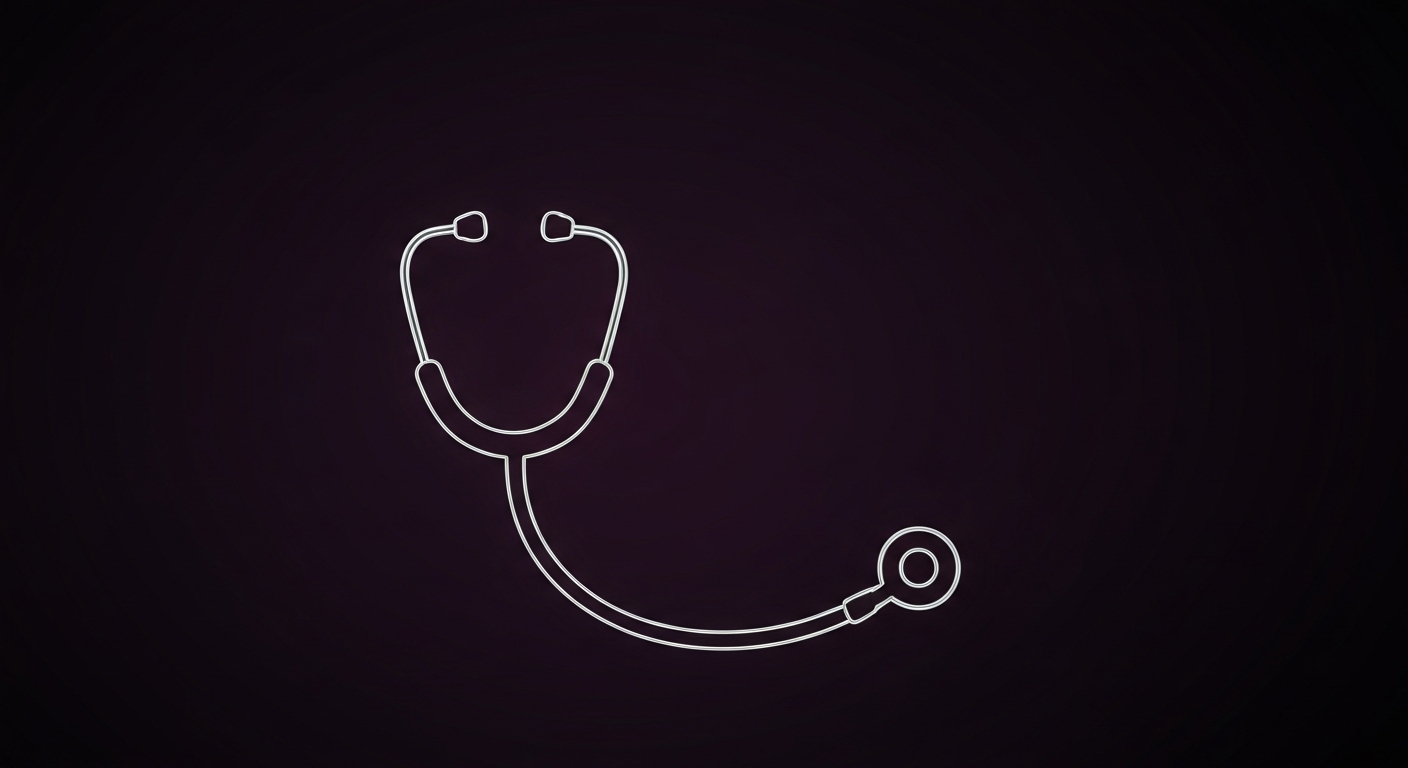 A minimalist design in the style of Keith Haring where the outline of a medical stethoscope is defined entirely by vibrant neon lines against a dark background, emphasizing the shape and energy of the healthcare industry.