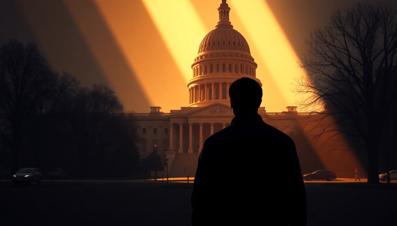 A serene oil painting depicting a solitary figure standing in front of the U.S. Capitol building, the scene bathed in warm, dramatic lighting that casts deep shadows, conceptually representing the importance of local control in conservation policy.