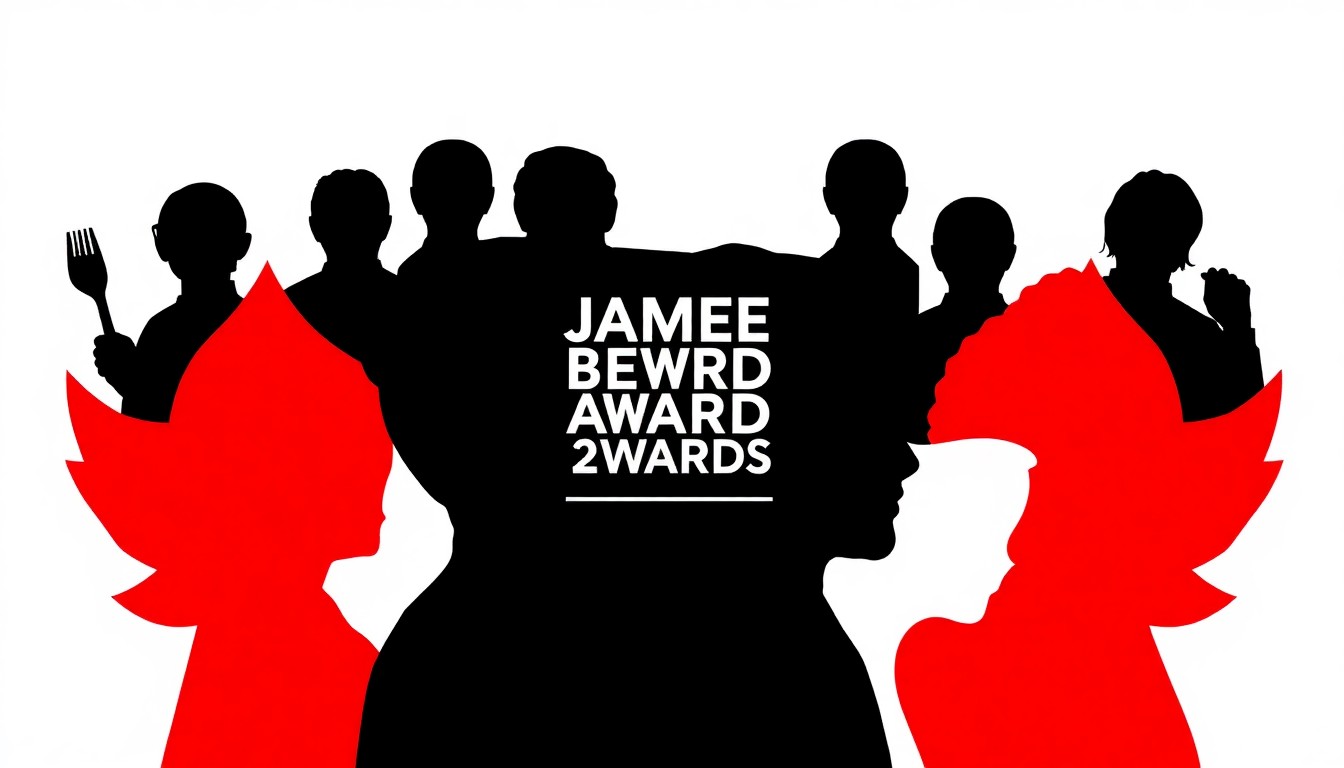 A minimalist, abstract illustration using bold black shapes and high-contrast colors to conceptually represent the competitive nature of the James Beard culinary awards.