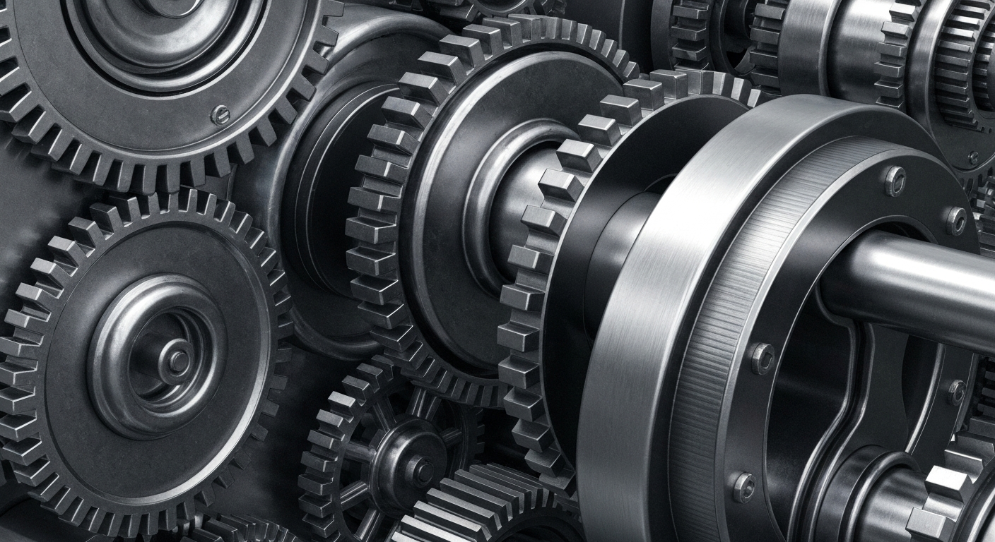 A highly detailed, cinematic close-up image of heavy, metallic banking machinery and gears in shades of silver, steel, and gunmetal grey, conveying the industrial power and security of financial institutions.