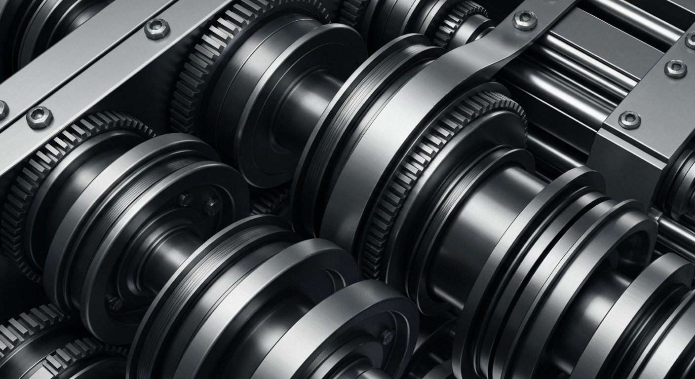 An extreme close-up of heavy, industrial banking machinery and infrastructure, rendered in muted tones of grey, black, and silver, conveying a sense of financial security and institutional power without using literal currency or charts.