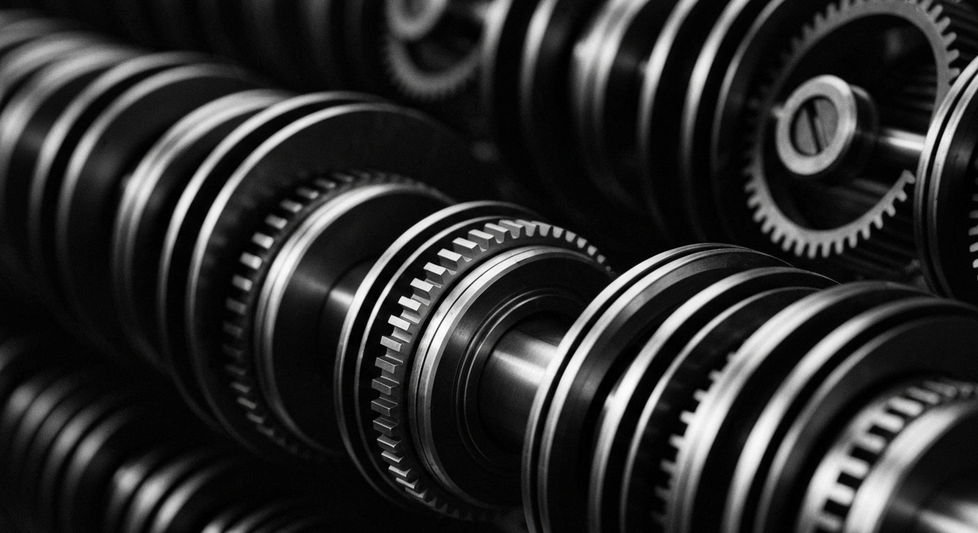 A high-contrast black and white close-up image of the complex inner workings of a financial institution's banking machinery, conveying a sense of institutional power and stability.
