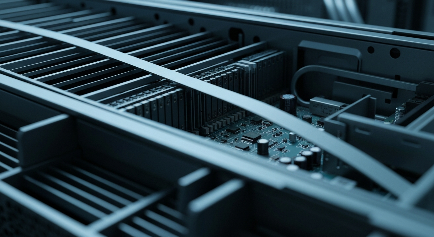 An extreme close-up of the intricate inner workings of a computer server or data storage device, with metallic components and circuit boards visible against a muted, industrial backdrop, conveying the complex financial machinery behind the software industry.
