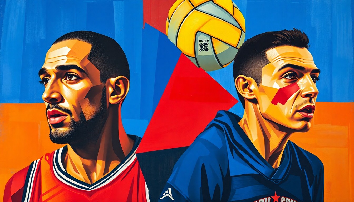 A fractured, multi-perspective painting depicting a basketball player and volleyball player in sharp, overlapping geometric planes, with their faces and uniforms deconstructed into abstract shapes and a vibrant color palette of royal blue, crimson red, and golden yellow.