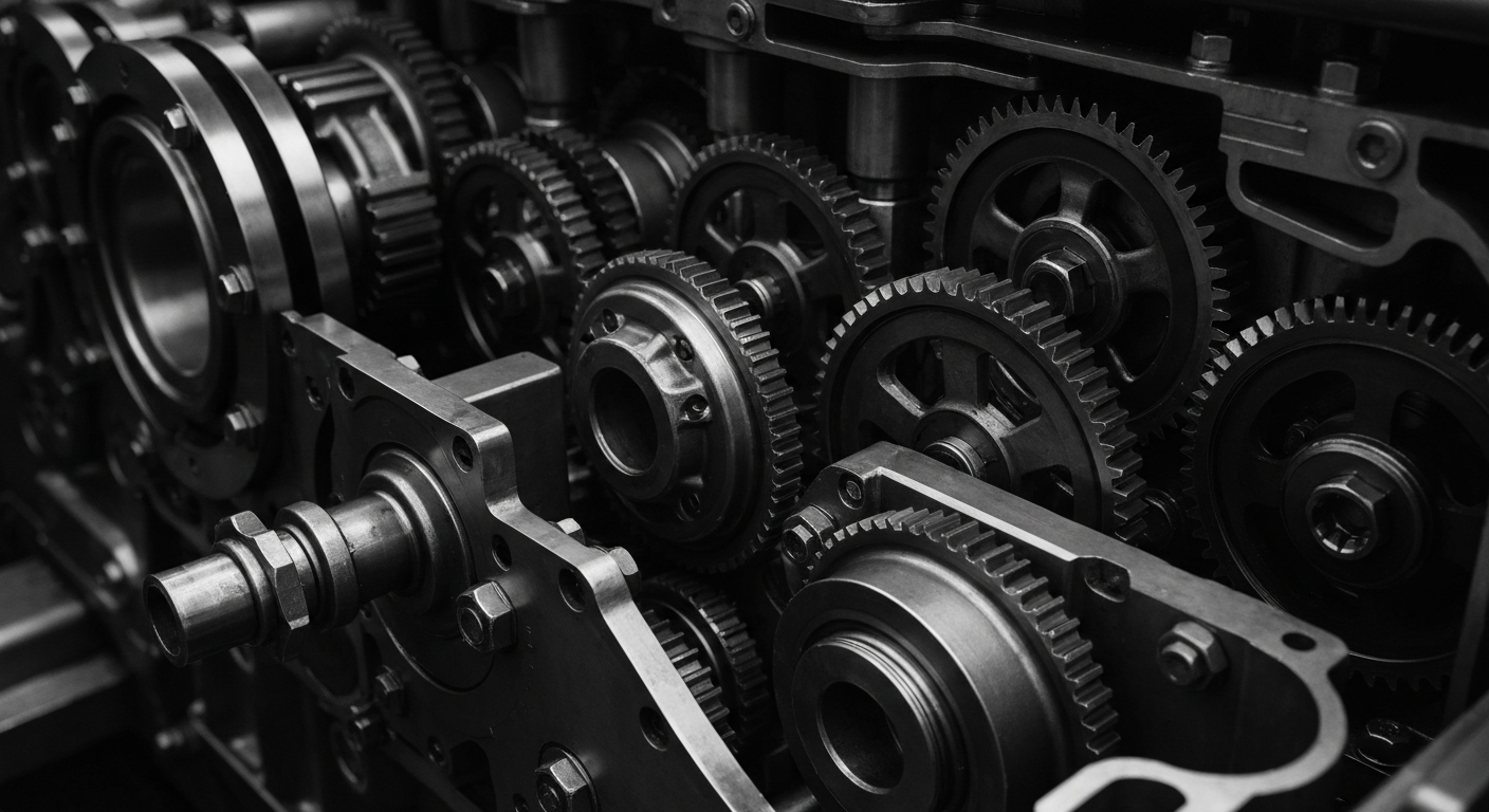 A high-contrast, close-up black and white image of the intricate gears, pistons, and machinery inside a powerful industrial engine, conveying the mechanical sophistication and engineering prowess of Cummins.