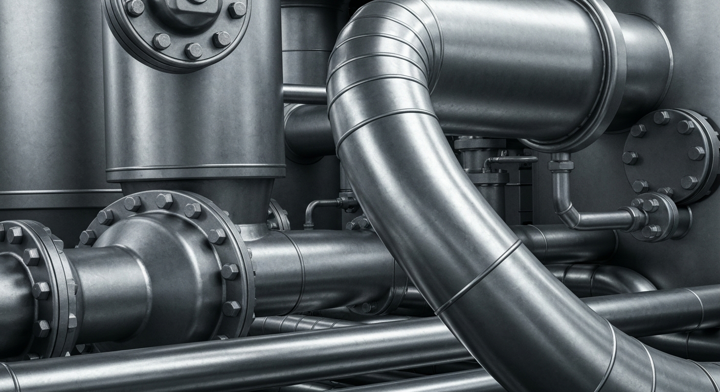 A highly detailed, cinematic close-up image of industrial machinery and pipes in shades of steel grey and silver, conveying the physical and financial strength of the midstream energy sector.