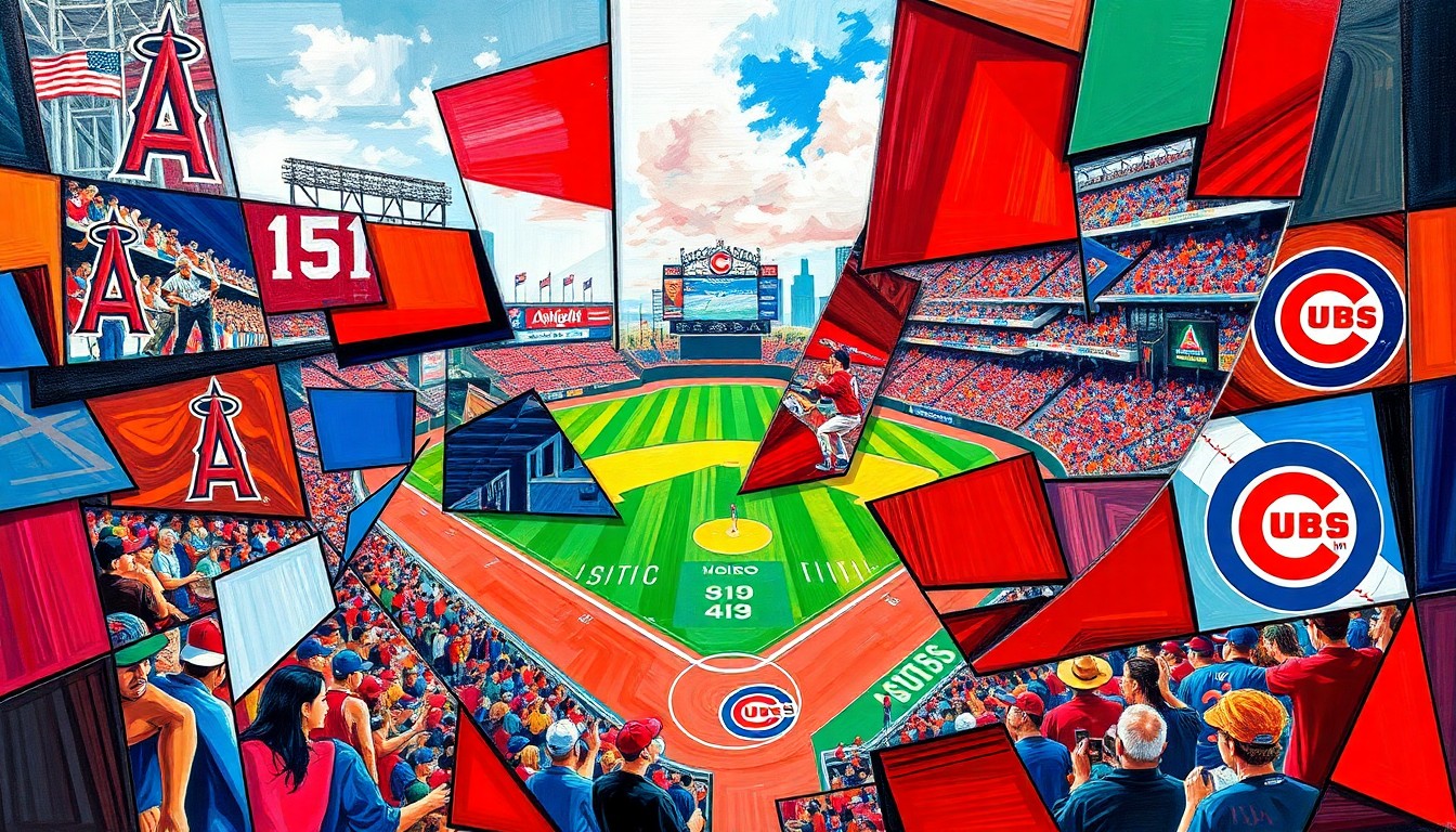 A fragmented, geometric painting depicting a baseball game between the Los Angeles Angels and Chicago Cubs, with sharp planes of red and blue intertwining to create a dynamic, abstract composition.