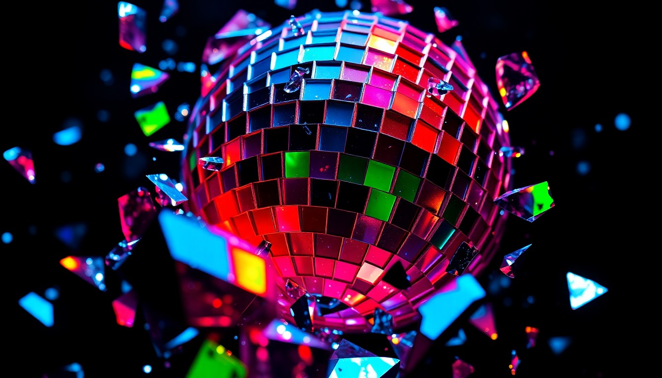 An extreme close-up photograph of shattered glass fragments in a kaleidoscope of vibrant colors, conceptually representing the emotional turmoil experienced by the members of the K-pop group 1VERSE during their rapid rise to fame.