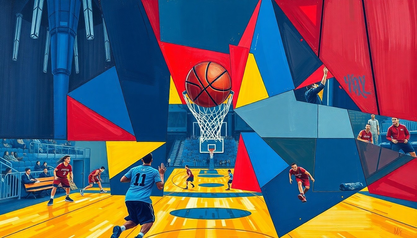 A fragmented, geometric painting in bold colors depicting the action and intensity of a high school basketball game or match, with no identifiable players or teams.