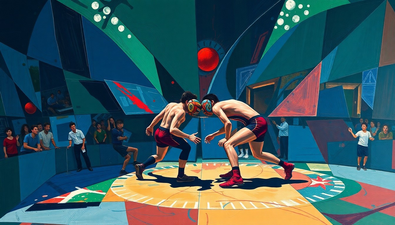 A cubist, geometric painting depicting the dynamic movements and intensity of a high school wrestling match, with sharp, overlapping planes of navy, green, and red.