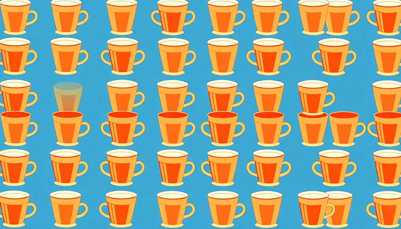 A bold, colorful silkscreen print featuring a repeated image of a traditional Greek coffee cup, capturing the celebratory spirit and cultural pride of the Hellenic-American community event.