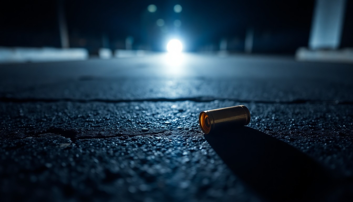An extreme close-up photograph of a single bullet casing on a dark pavement, lit by a harsh, direct camera flash, conceptually representing the violence and tragedy of this crime.