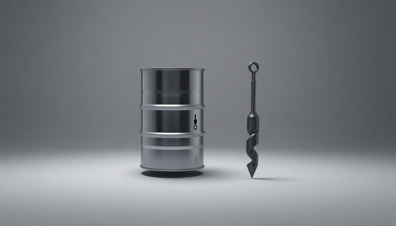 A photorealistic studio still life featuring a polished metal oil drum and a sleek, angular drill bit floating against a clean, monochromatic grey background, symbolizing the complex relationship between the oil industry and the sensitive Arctic environment.