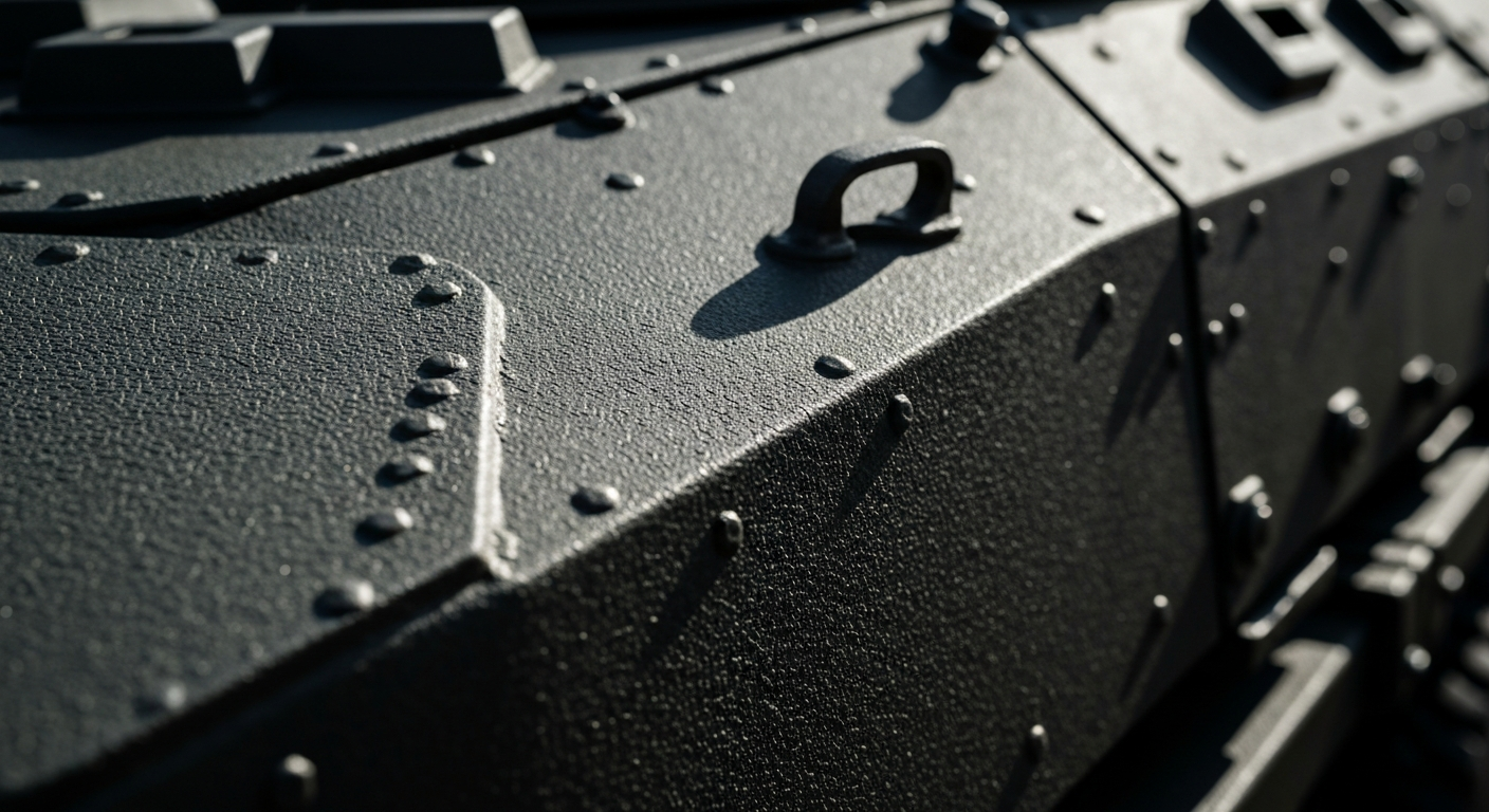 An extreme close-up of the textured, pebbled surface of an armored vehicle's exterior, with the material reflecting a soft, warm light and revealing the intricate details of its specialized construction.