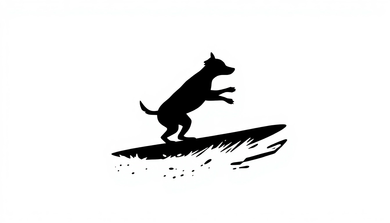 A striking black and white silhouette illustration depicting a surfing dog riding a wave, conceptually representing the legacy of this pioneering canine athlete.