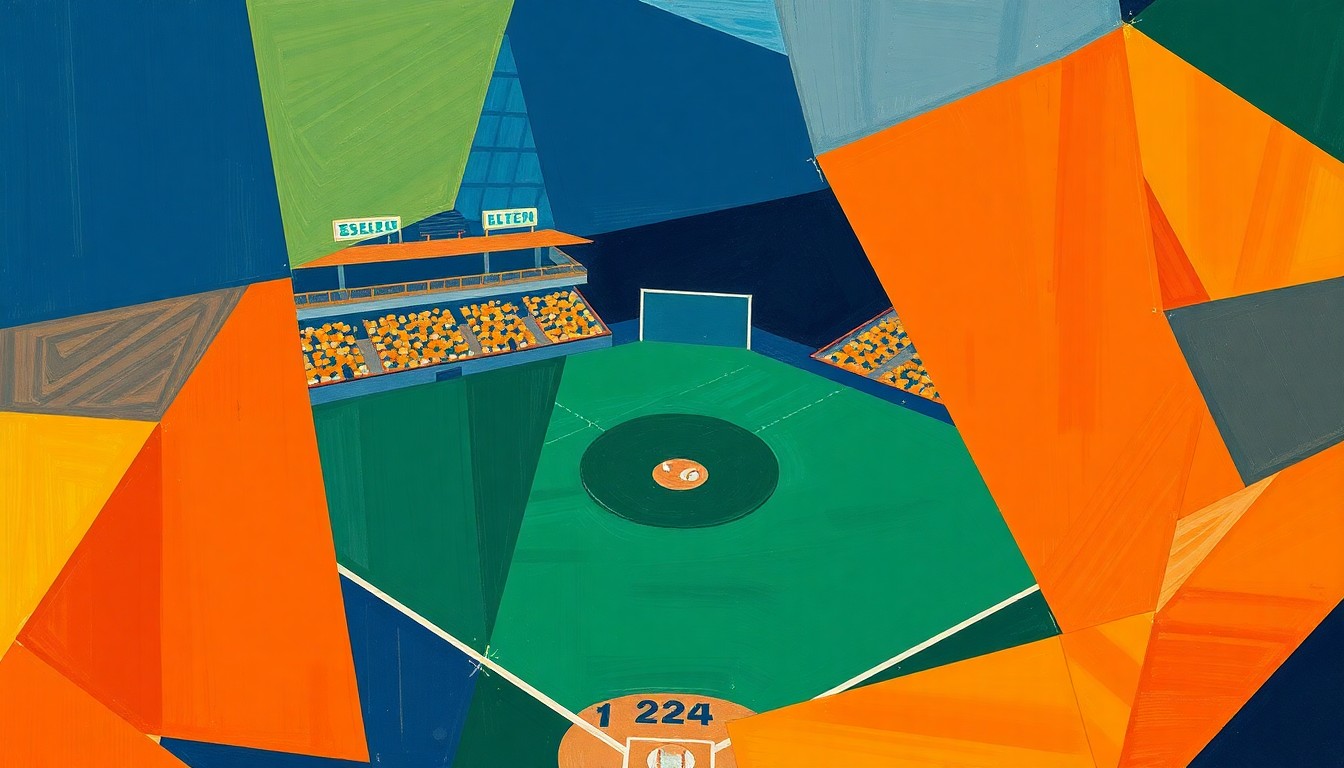 A fragmented, geometric painting depicting a high school baseball game, with sharp planes of navy, green, and orange representing the dynamic action on the field.