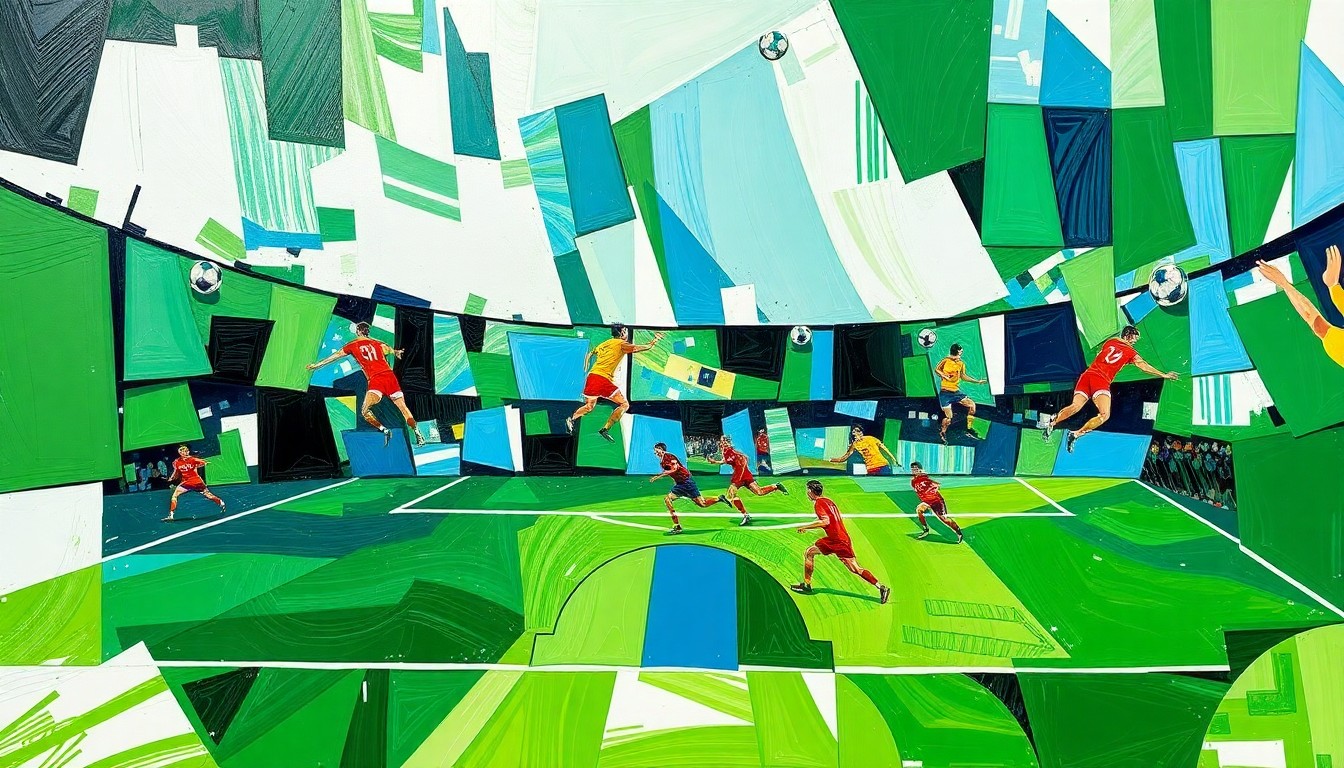 A cubist, geometric painting depicting the dynamic action of a high-intensity soccer match, with overlapping planes of color and form representing the players, ball, and field.
