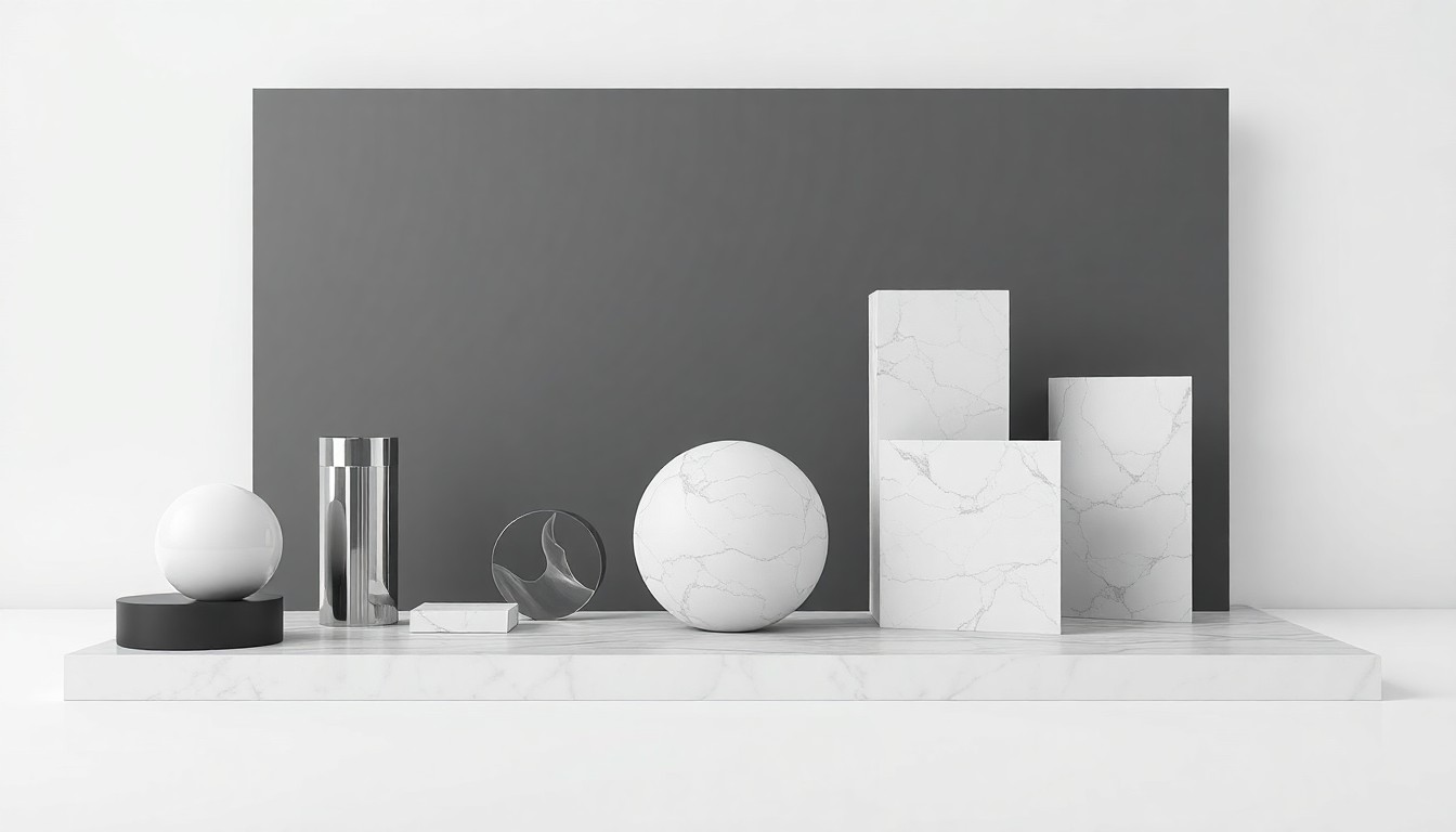 A minimalist, photorealistic studio still life featuring a collection of polished, geometric shapes and materials in a clean, monochromatic setting, conceptually representing the expansion of a major commercial development.