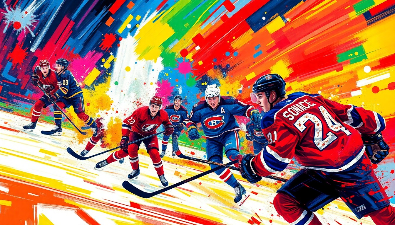 An abstract, energetic painting featuring swirling neon brushstrokes and fragmented hockey players, capturing the raw intensity of the Avalanche's dominant victory over the Flames.