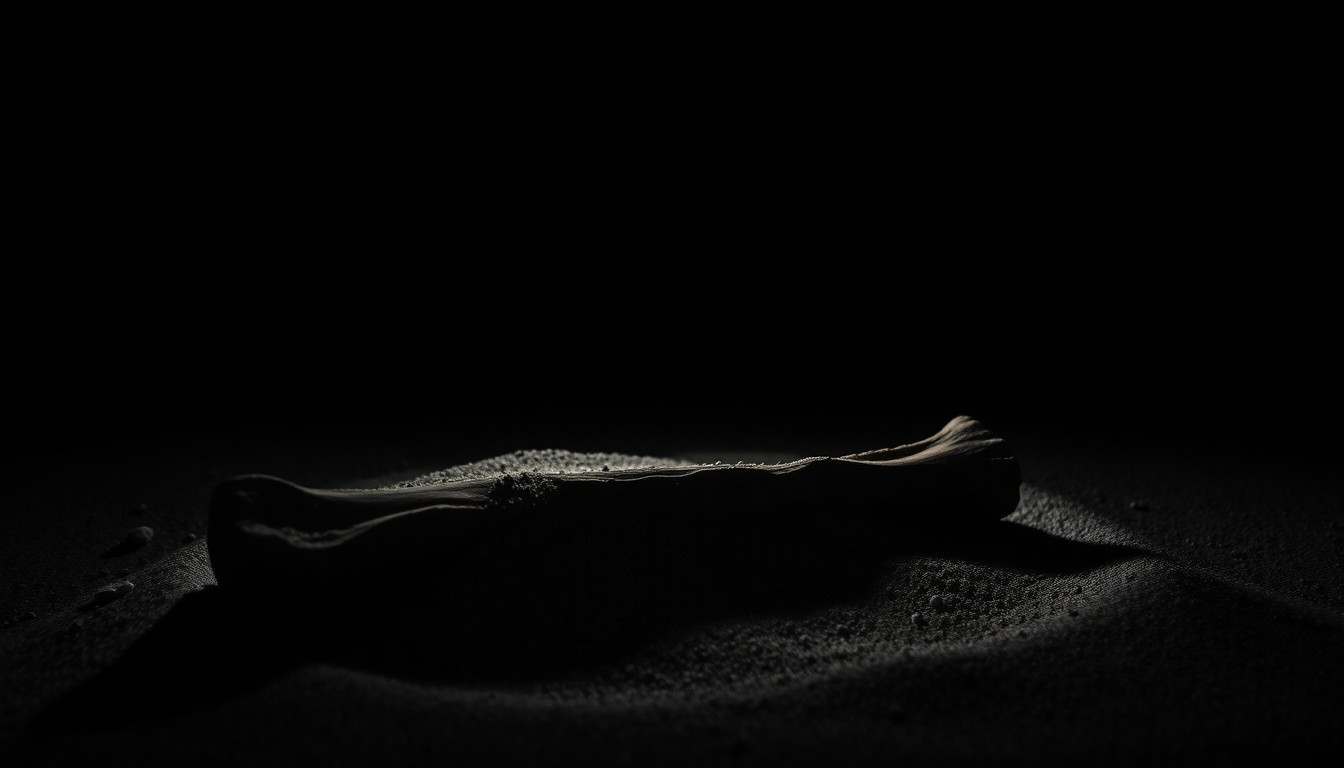 An extreme close-up photograph of a single long bone partially buried in sand, lit by a harsh, direct camera flash against a pitch-black background, conceptually illustrating the investigation into a decades-old unsolved mystery.