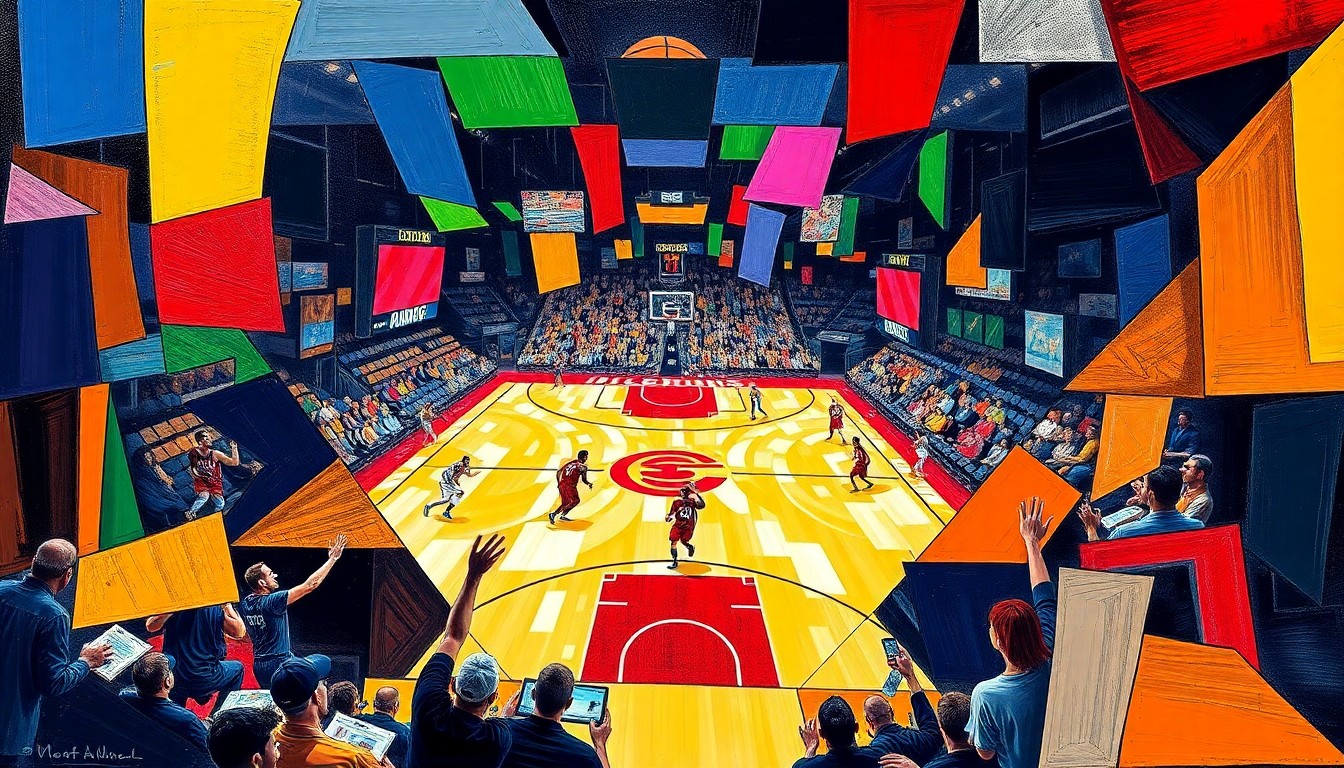 A fractured, multi-perspective painting in bold, contrasting colors, breaking down a basketball game into sharp, overlapping geometric shapes and planes, capturing the energy and strategy of the competition.