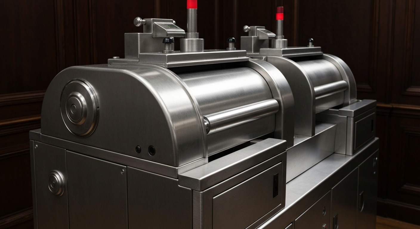 An extreme close-up of various metal gears, levers, and components of a complex banking or financial system, conveying the idea of institutional investment and market infrastructure.