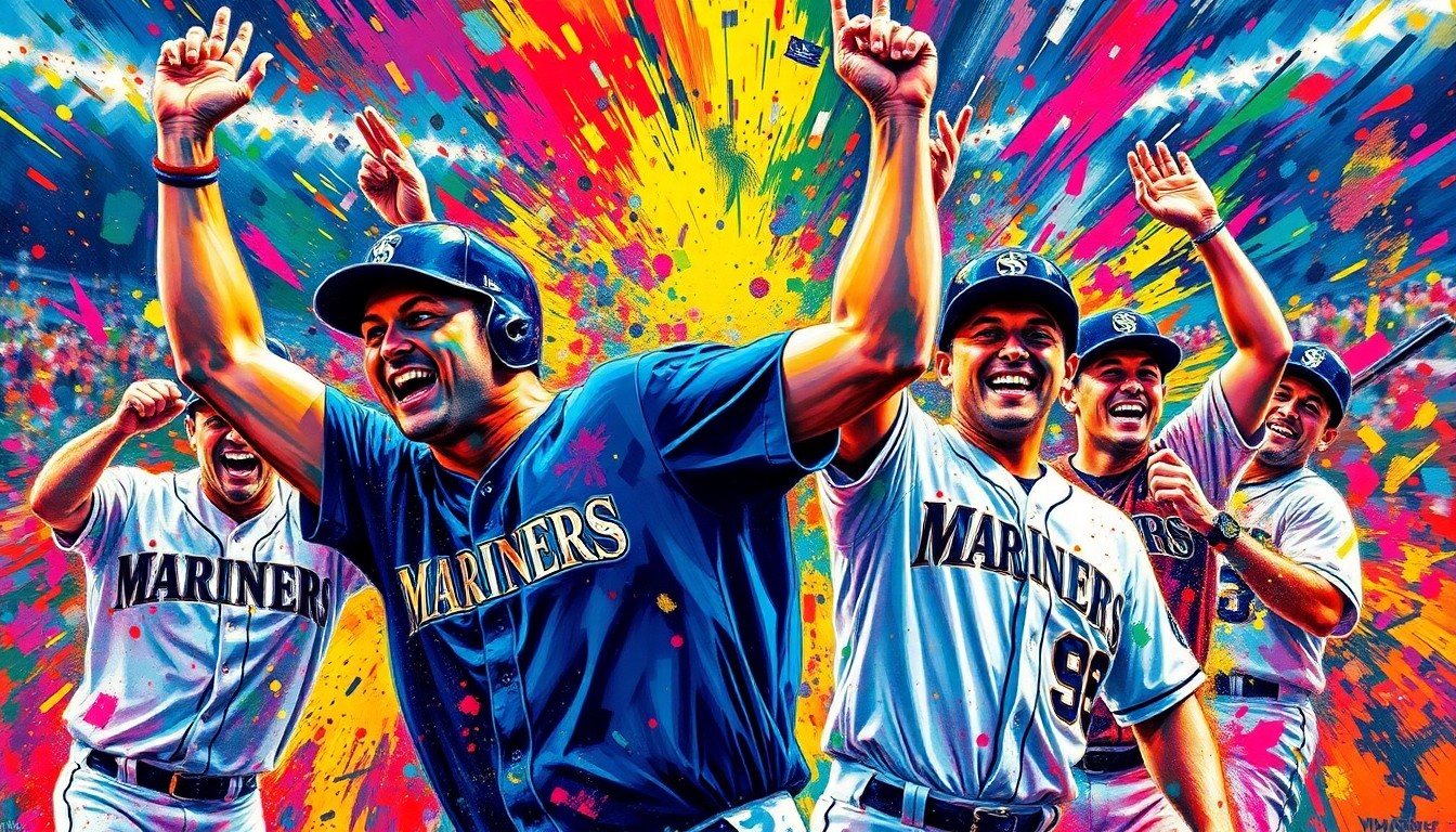 An abstract, expressionist painting in vibrant neon colors depicting the celebratory energy of a baseball game-winning moment, with players' forms dissolving into energetic brushstrokes.