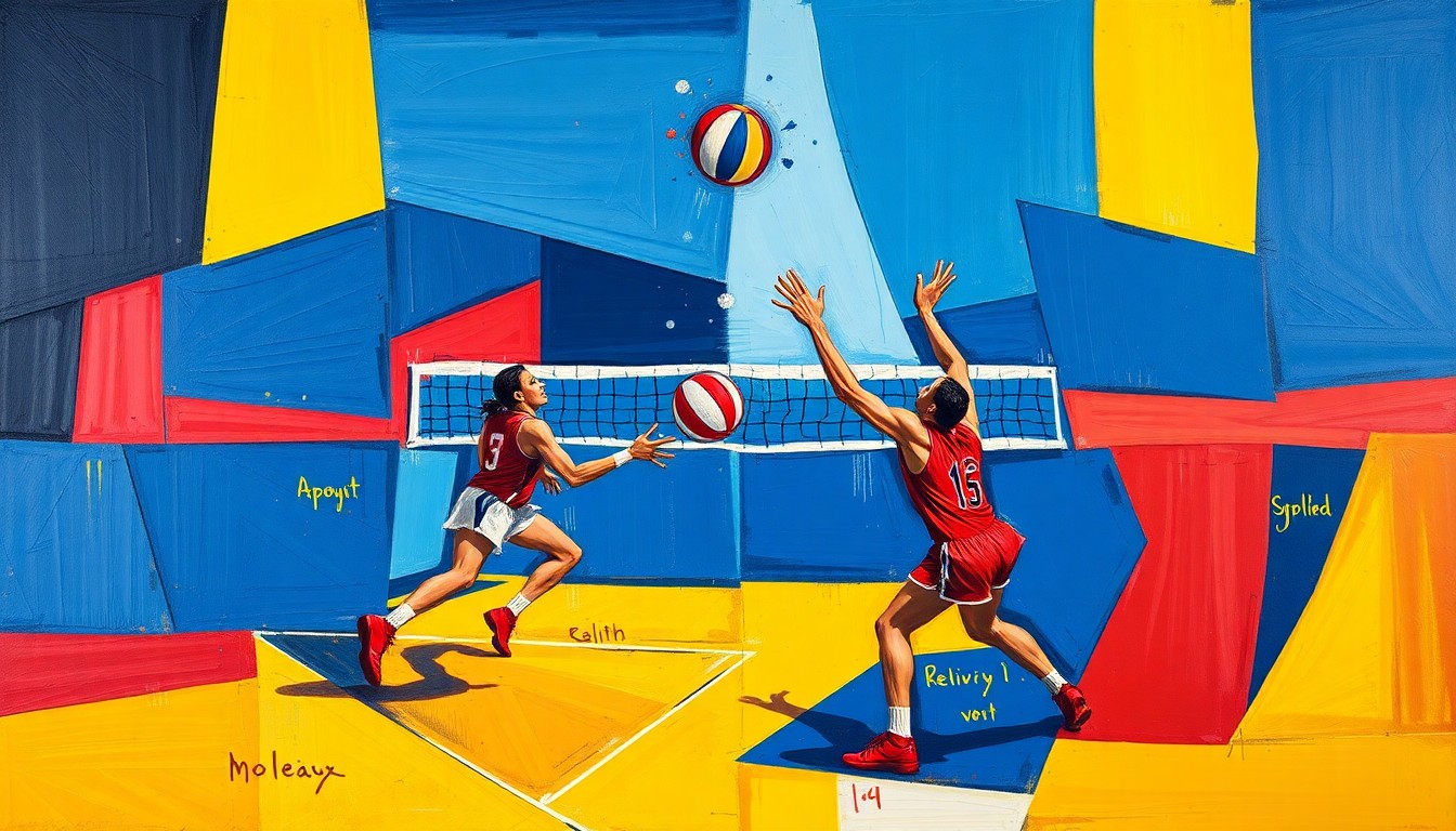 A cubist, geometric painting depicting the action and energy of a volleyball match, with sharp, overlapping planes of navy, crimson, and yellow conveying the intensity and precision of the game.