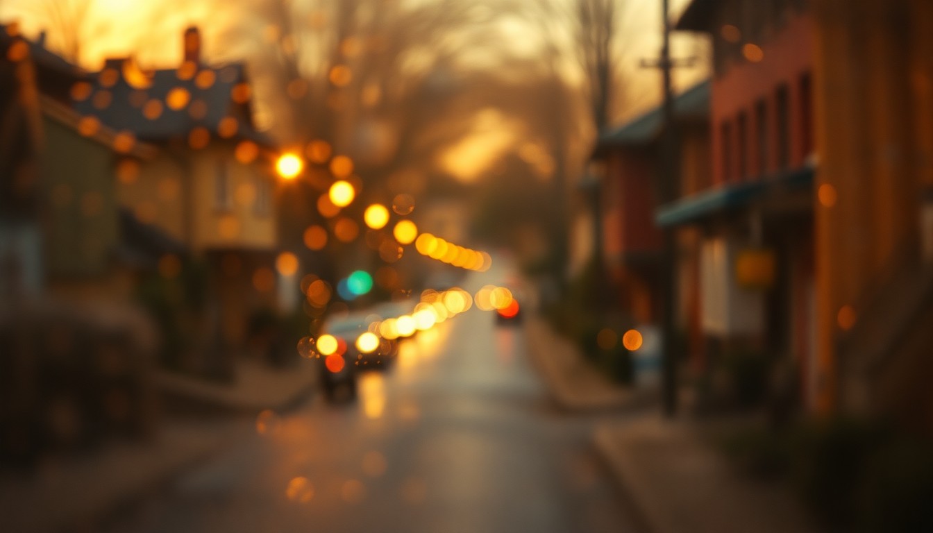 An abstract, out-of-focus photograph in warm, golden tones, capturing the cozy atmosphere of a neighborhood street scene.