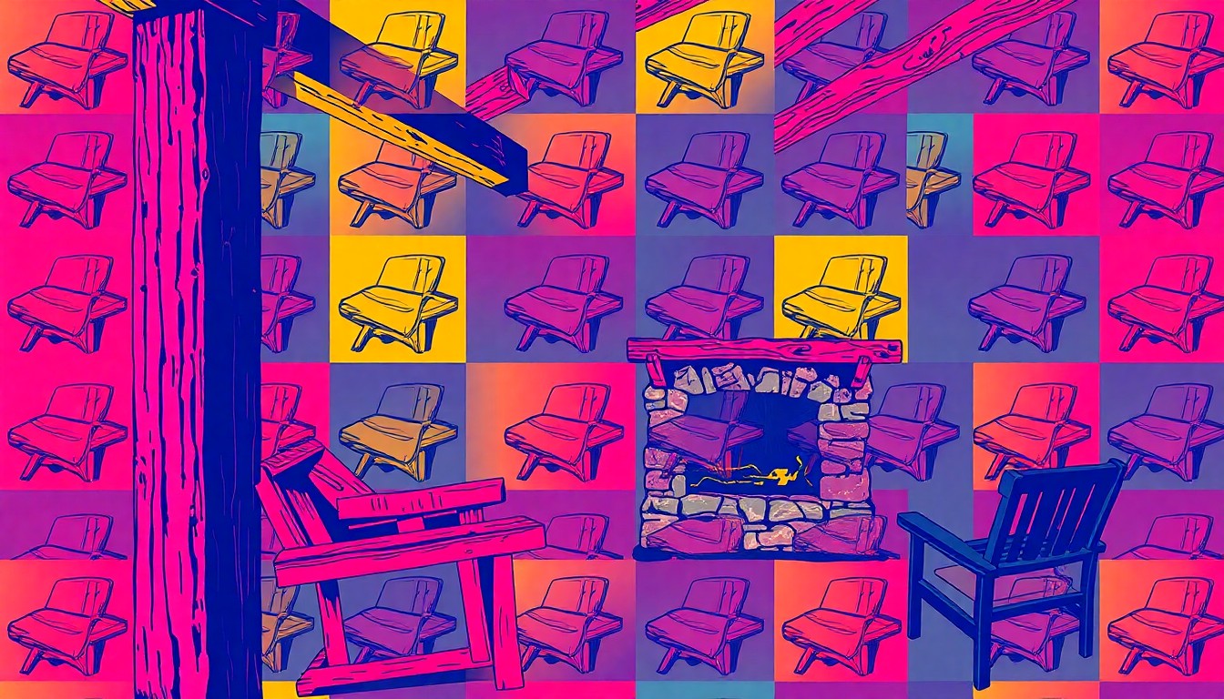 A brightly colored, high-contrast silkscreen print of a wooden cabin beam repeated in a tight grid pattern, capturing the rustic yet stylish elements of the alpine retreat.