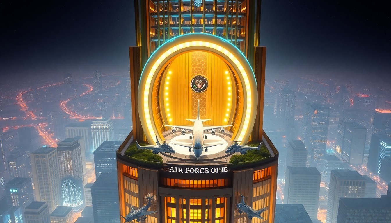 A highly detailed, glowing 3D illustration of a futuristic, 50-story skyscraper with a golden portal entrance, featuring a full-size Air Force One plane, helicopters, and fighter jets inside the lobby. The building is surrounded by a neon-lit cityscape, with a replica of the White House garden on the rooftop.