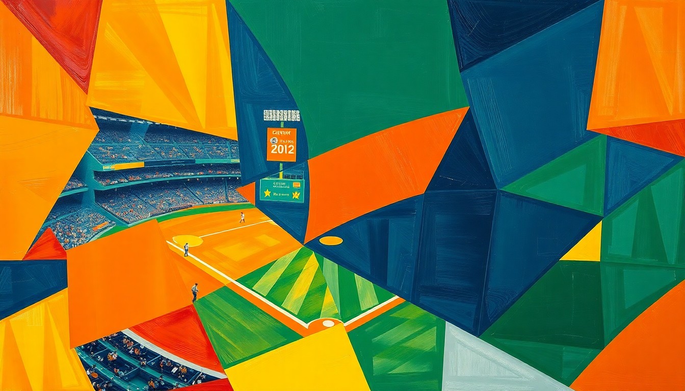 A cubist-style painting featuring sharp, overlapping geometric shapes in bright orange, navy blue, and forest green, conceptually representing the dynamic action of a baseball game.