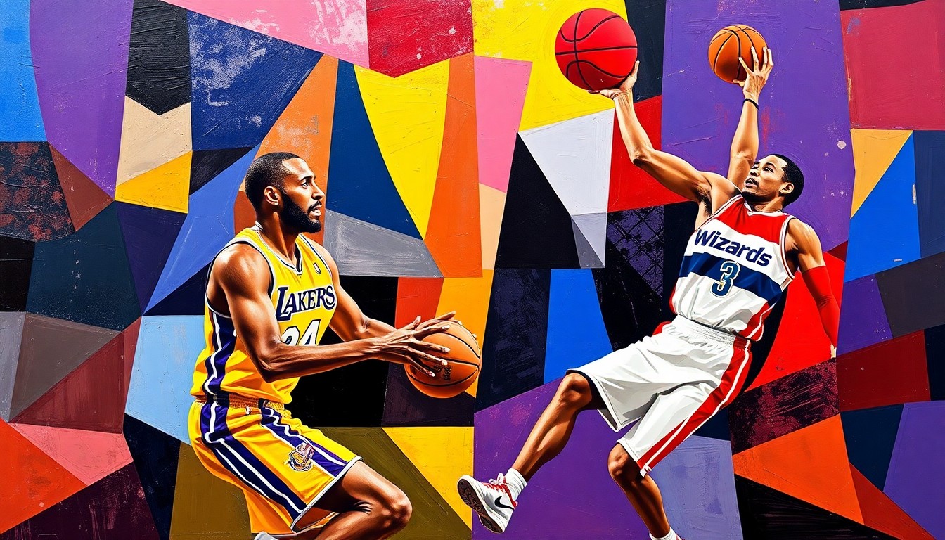 A cubist, geometric painting depicting the dynamic action of a basketball game, with the players' forms fragmented into abstract shapes and planes of vibrant colors.