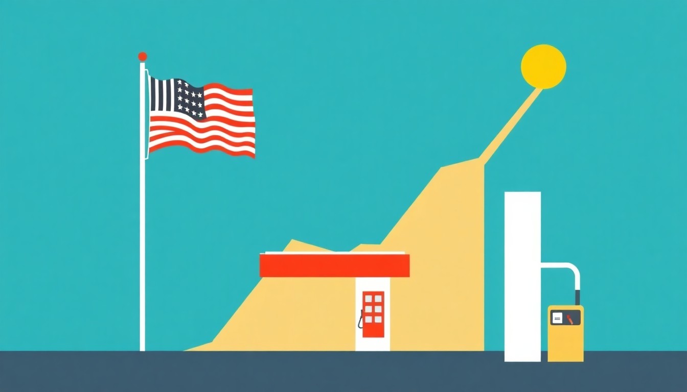 An abstract illustration using bold geometric shapes and primary colors to conceptually represent the rising cost of gasoline and its economic impact, without any text or identifiable elements.