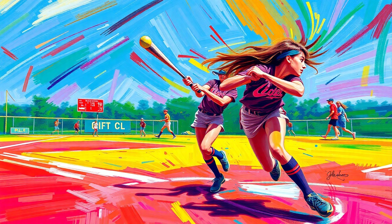 An abstract, expressionist painting in neon colors depicting the dynamic motion and energy of a high school softball game, with no recognizable figures or logos.