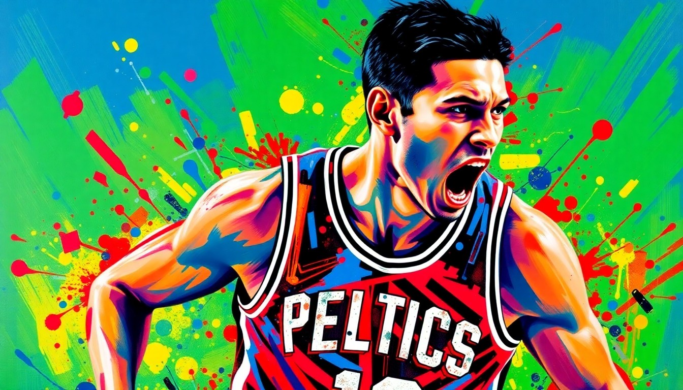 An abstract, energetic painting using bold brushstrokes and neon colors to capture the dynamic movement and raw athleticism of a basketball player, with their face and jersey indistinct.