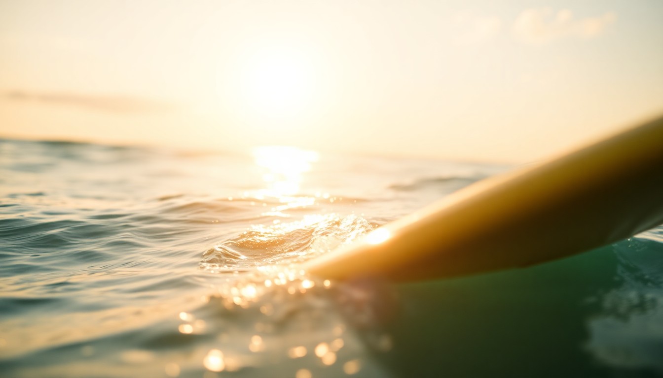 A serene, abstract photograph of a surfboard floating in the ocean, with the sun's rays creating a warm, hazy glow, capturing the tranquil and joyful spirit of the sport of surfing.