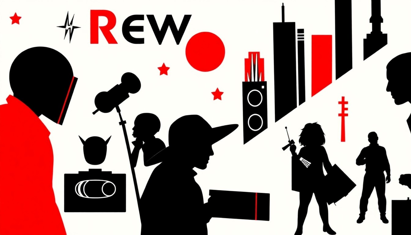 A striking abstract composition of jagged geometric shapes and bold silhouettes in high-contrast red and white, conceptually representing the diverse array of pop culture icons and retro media featured at the Rewind Washington Convention.
