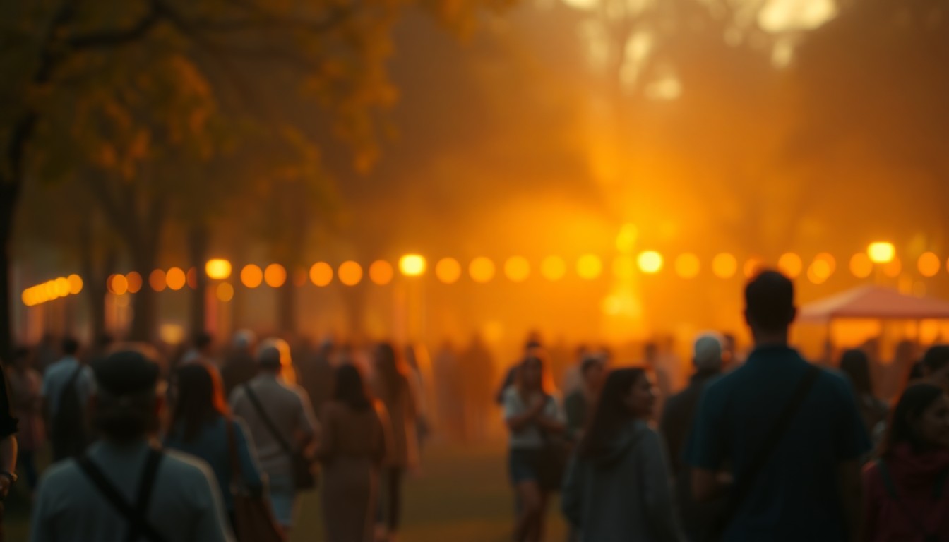 An abstract, impressionistic scene of people gathered in a park, with blurred figures and vibrant splashes of color creating a sense of warmth and community.