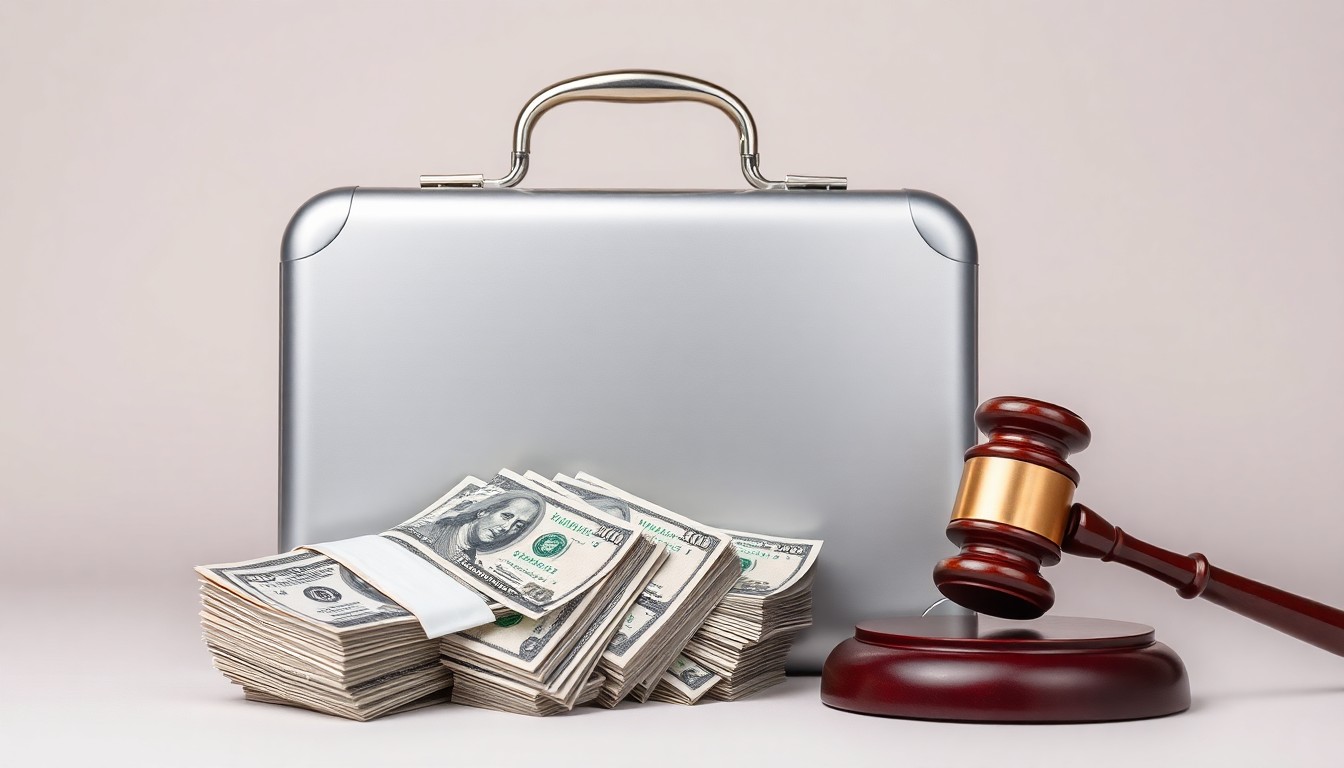 A photorealistic studio still life featuring a metal briefcase, stacks of cash, and a gavel, symbolizing the abstract corporate corruption and legal battle at the heart of this story.