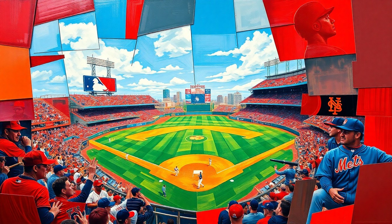 A cubist, geometric painting depicting a baseball game between the St. Louis Cardinals and New York Mets, with the players and field broken down into overlapping planes of vibrant red, blue, and orange colors.