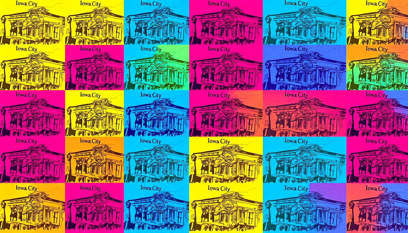 A brightly colored, high-contrast silkscreen print of an iconic Iowa City landmark or community event, repeated in a tight grid pattern, conceptually representing the diverse array of arts, culture, and events supported by the Think Iowa City community grant program.