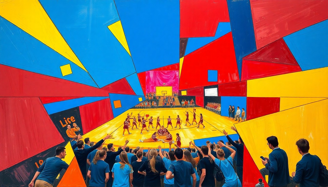 A cubist, geometric painting depicting a high school cheer competition, with overlapping planes of blue, red, and yellow conveying the raw athleticism and team spirit of the event.