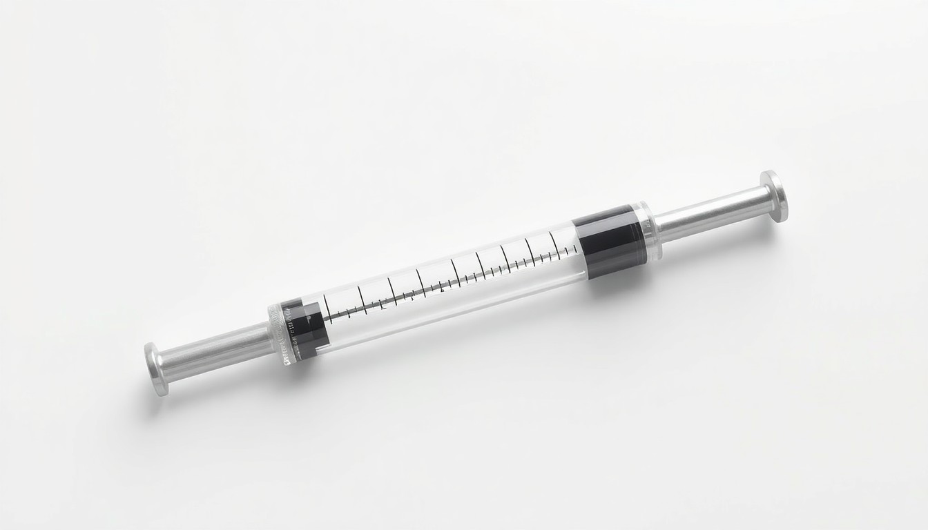 A photorealistic studio still life of a single polished metal syringe on a clean white background, conceptually representing the abstract issues of pharmaceutical risk and clinical trial transparency at the center of this legal case.