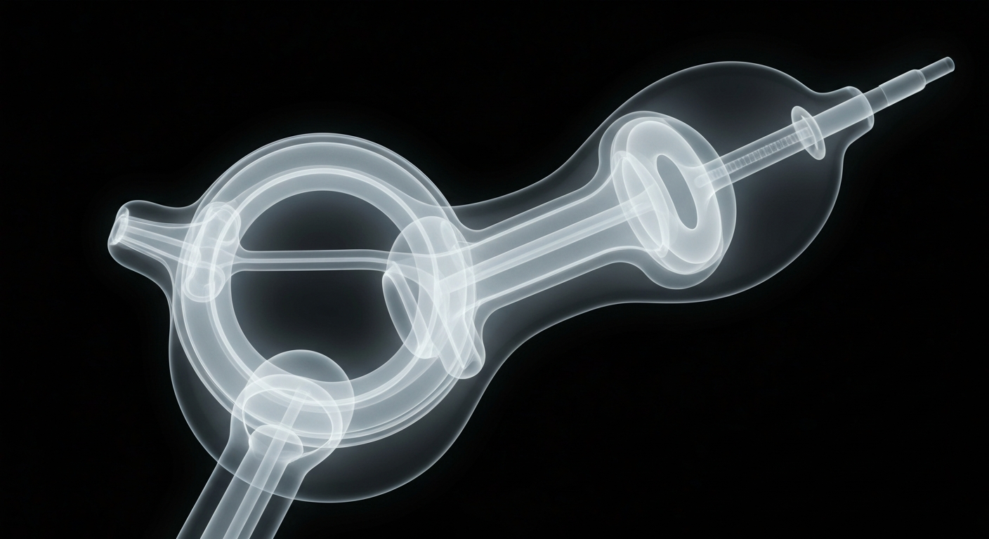 A translucent, ghostly X-ray image revealing the internal structure of a suprapubic catheter device, with glowing lines defining the shape and components.