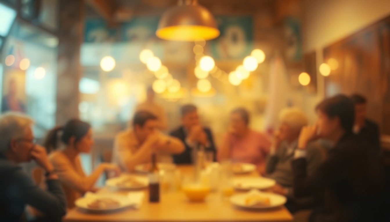 An impressionistic, out-of-focus scene of people gathered around a table, their faces and forms blurred into soft pools of warm light and color, conceptually representing the communal experience of sharing a meal and celebrating cultural diversity.