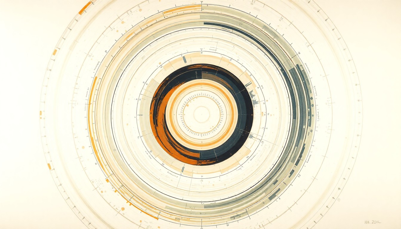 A highly structured abstract painting featuring sweeping geometric arcs, concentric planetary circles, and precise botanical spirals in earthy tones, conceptually representing the complex forces and systems involved in the upcoming Artemis II lunar mission.