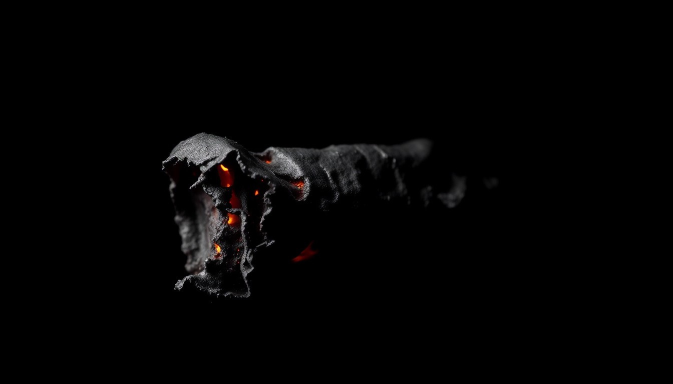 An extreme close-up photograph of a charred, twisted metal object against a pitch-black background, conceptually representing the aftermath of the arson incident during the Mandan standoff.