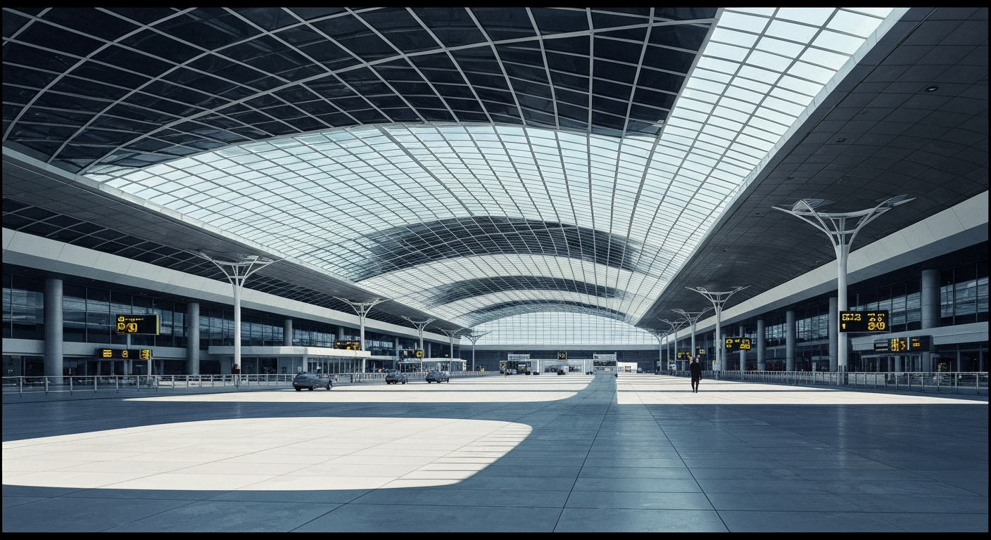 A highly stylized, geometric illustration depicting the sweeping, monumental architecture of a modern airport terminal, with clean lines and smooth gradients evoking a sense of scale and efficiency.