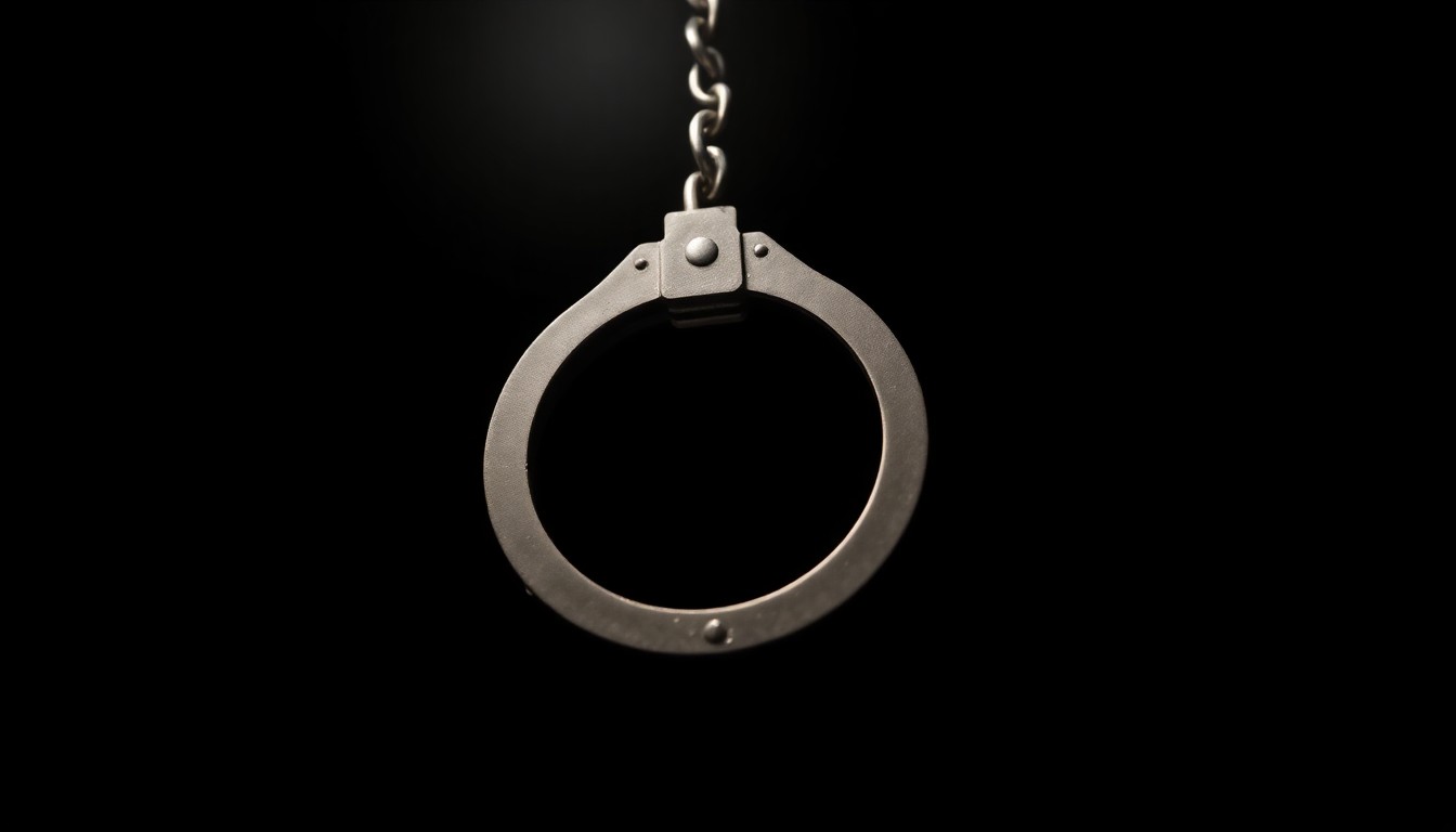 An extreme close-up photograph of a single handcuff, lit by a harsh, direct camera flash against a pitch-black background, creating a stark, gritty, investigative aesthetic.